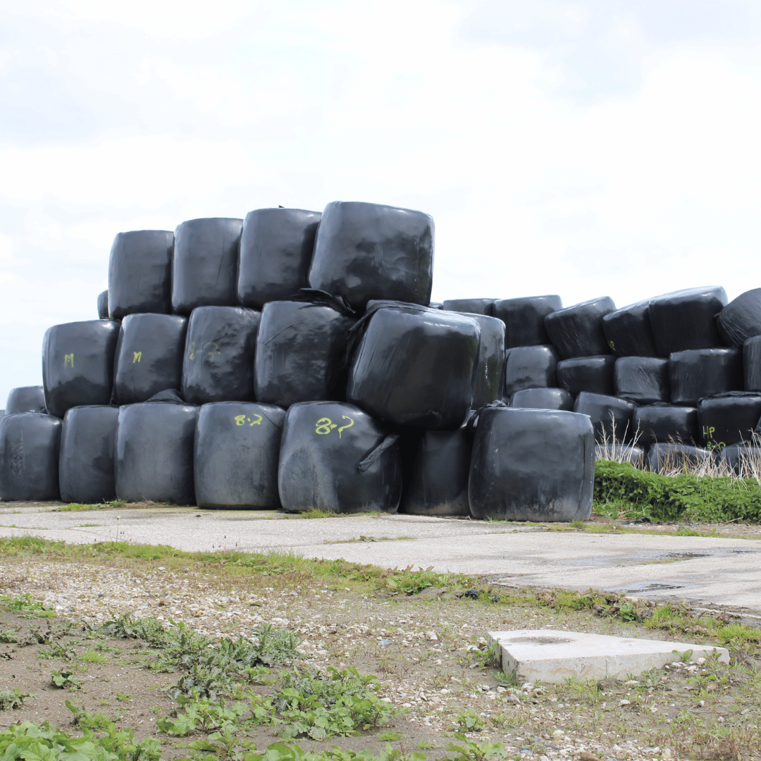 Opgestapelde hooibalen op het erf