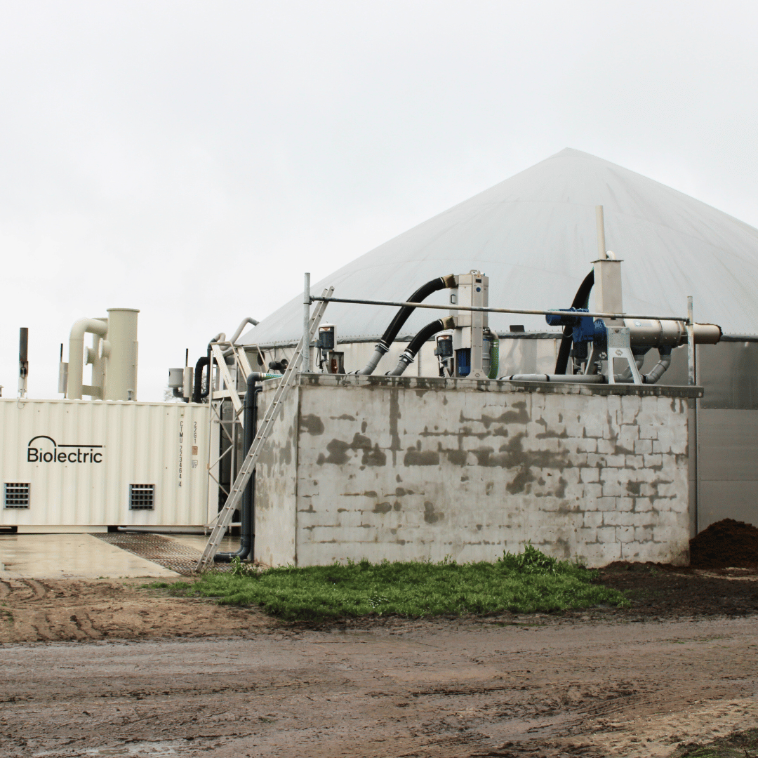 Zijaanzicht mestsysteem met monomestvergister, stikstofkraker, mestscheider, filter en mestpompen